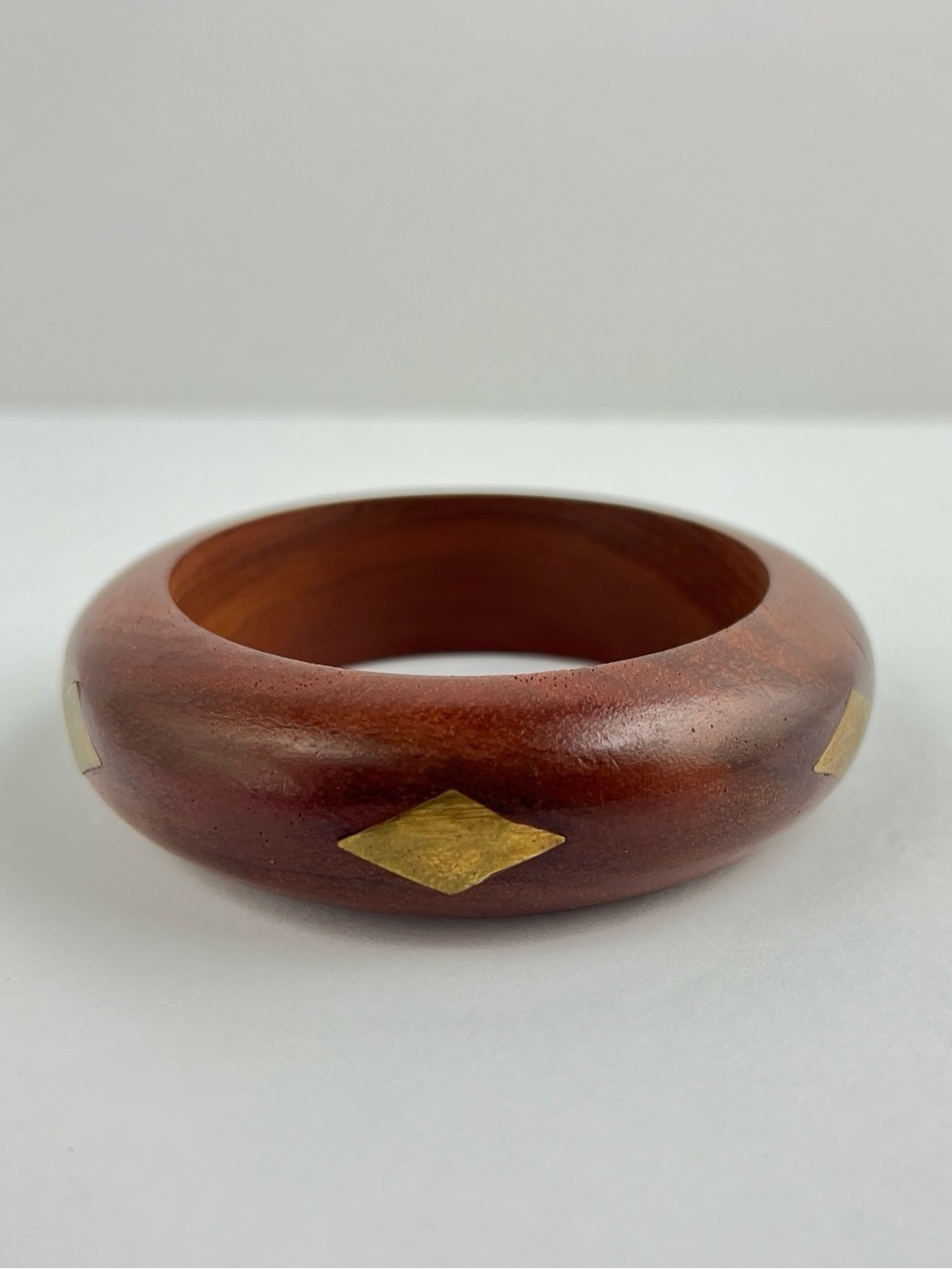Vintage Wood w/ Brass Inlay Bangle Bracelet MCM Boho Natural Statement Jewelry